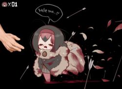 1girl arrow_(projectile) arrow_in_body black_background black_hair blood blood_from_mouth blood_on_clothes blood_on_face chibi crying dodo_(kemono_friends) fur_scarf hairband half-closed_eyes injury kemono_friends multicolored_hair nosebleed notora pantyhose pink_hair running scarf simple_background skirt solo_focus two-tone_hair