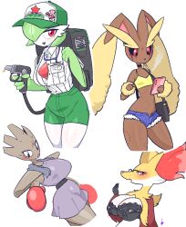 4girls animal_ear_fluff animal_ears animal_nose backpack bag bare_shoulders baseball_cap black-framed_eyewear black_bra black_choker black_sclera blue_eyes blue_shorts blush bob_cut body_fur boxing_gloves bra breast_pocket breasts brown_fur buttons cellphone choker cigarette cleavage closed_mouth collared_shirt colored_sclera colored_skin cowboy_shot crop_top cropped_legs delphox dress fang female_focus finger_on_trigger flat_chest fox_ears fox_girl fur-trimmed_shorts fur_trim furry furry_female gardevoir gen_1_pokemon gen_3_pokemon gen_4_pokemon gen_6_pokemon glasses gloves green_hair green_hat green_shorts green_skin hair_over_one_eye half-closed_eyes hands_up happy hat heineken high-waist_shorts hitmonchan holding holding_phone id_card jaggy_lines kozatchu lace lace-trimmed_bra lace_trim large_breasts light_blush long_ears looking_at_viewer looking_down lopunny makeup micro_shorts mouth_hold multicolored_fur multicolored_skin multiple_girls nintendo one_eye_covered open_fly open_mouth phone pince-nez pocket poke_ball_symbol pokemon pokemon_(creature) purple_dress rabbit_ears rabbit_girl red_eyes red_fur red_gloves runny_makeup sash scratches shirt shirt_tucked_in short_dress short_hair short_shorts shorts shoulder_bag simple_background sleeveless sleeveless_shirt smartphone smile smoke smoking snout spaghetti_strap standing star_(symbol) stomach sweat teeth two-tone_fur two-tone_skin underwear white_background white_fur white_shirt white_skin yellow_fur yellow_shirt