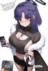 absurdres black_halo black_nails blue_archive blue_eyes halo highres jaffna korean_text mechanical_halo nail_polish navel plump pov pov_hands purple_hair translation_request yuuka_(blue_archive)
