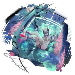 Rule 34 | 1girl, albino, artist request, bandaged chest, bandaged leg, bandages, barefoot, belladonna (neural cloud), blue hair, blue tongue, breasts, colored tongue, crossed legs, cuffs, faux figurine, full body, game cg, girls&#039; frontline, girls&#039; frontline neural cloud, gloves, highres, horns, looking at viewer, midriff, naked bandage, navel, official art, parted lips, rabbit, sitting, small breasts, solo, third-party source, thorns, transparent background, white hair