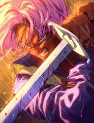 Rule 34 | 1boy, absurdres, blood, blood on face, bloody weapon, blue eyes, ch nadhir, clenched teeth, collarbone, dragon ball, dragonball z, dutch angle, fighting stance, highres, holding, holding sword, holding weapon, jacket, looking at viewer, male focus, purple hair, rain, solo, sword, teeth, torn clothes, torn jacket, trunks (dragon ball), trunks (future) (dragon ball), v-shaped eyebrows, weapon