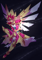 Rule 34 | 1boy, alternate form, armor, armored gloves, armored legwear, black background, blonde hair, breastplate, colored bangs, crossed arms, facing to the side, fusion, grimace, hair slicked back, highres, injury, knee up, liusang, looking ahead, male focus, mechanical wings, red armor, red eyes, red tunic, shoulder pads, sparkle, tsukumo yuma, tunic, white trim, wings, yellow armor, yu-gi-oh!, yu-gi-oh! zexal