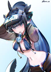 1girl artemis_of_the_blue artist_name atelier_live bikini blue_bikini blunt_bangs chromatic_aberration drill_hair drill_sidelocks fins fish_tail gradient_background hair_ribbon highres long_hair long_sleeves navel navel_piercing open_fly piercing ponytail ribbon sarruro shark_fin shark_girl shark_tail sidelocks sweat swimsuit tail virtual_youtuber