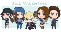 Rule 34 | beret, black gloves, black skirt, blonde hair, blue eyes, blue hat, blue pants, blue shirt, blue tube top, bodysuit, brown hair, character name, chibi, fingerless gloves, gloves, gun, hands on own hips, hat, highres, holding, holding gun, holding rocket launcher, holding weapon, jill valentine, long hair, lovers nero, low ponytail, multiple persona, open mouth, pants, ponytail, purple bodysuit, resident evil, resident evil 1, resident evil 3: nemesis, resident evil 3 (remake), resident evil 5, rocket launcher, shirt, short hair, shoulder pads, skirt, smile, strapless, tube top, weapon