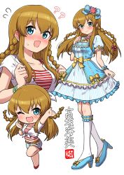 1girl absurdres belt blue_bow blue_dress blue_eyes blue_shoes blunt_ends blush bow braid breasts brown_hair character_name chibi closed_mouth collarbone cropped_torso dress dress_bow footwear_bow full_body hair_bow high_heels highres idolmaster idolmaster_million_live! kneehighs kousaka_umi long_hair looking_at_viewer multiple_views ngetyan one_eye_closed open_mouth shirt shoes short_sleeves shorts simple_background smile socks standing striped_clothes striped_dress striped_shirt twin_braids white_background white_socks yellow_bow
