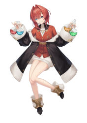 1girl absurdres ange_katrina ange_katrina_(1st_costume) ankle_boots bare_legs black_boots black_coat blue_eyes boots breasts cardigan coat crossed_bangs dress flask full_body grin hair_between_eyes hair_intakes hair_ornament hands_up hashtag-only_commentary highres holding holding_flask kitsutsuki_tsuki knees_together_feet_apart light_blush long_sleeves looking_at_object nijisanji off_shoulder red_cardigan red_hair round-bottom_flask short_dress short_hair simple_background small_breasts smile solo triangle_hair_ornament virtual_youtuber white_background white_dress wide_sleeves