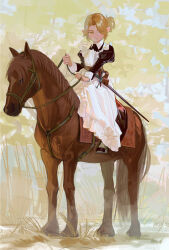 Rule 34 | 1girl, animal, apron, black dress, blonde hair, brown horse, closed mouth, dress, highres, holding, holding reins, horse, horseback riding, kn rookie, looking at viewer, maid, maid apron, original, pointy ears, reins, riding, scabbard, sheath, sheathed, solo, sword, weapon, white apron, yellow eyes
