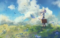 1girl black_pantyhose blue_sky boots brown_boots capelet cloud commentary day earrings elf falling_petals field floating_clothes floating_hair flower frieren gold_trim grass highres holding jacket jewelry khoawaii long_hair long_sleeves looking_ahead outdoors pantyhose petals pointy_ears scenery skirt sky solo sousou_no_frieren standing suitcase teardrop_earrings twintails white_capelet white_hair white_jacket white_skirt wide_shot wind