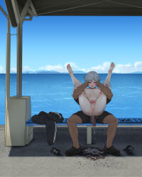 1boy 1girl absurdres aftersex anastasia_(idolmaster) anus barefoot bench blue_eyes blue_sky blush breasts censored clothed_male_nude_female cloud commission completely_nude crocs cum cum_pool dark-skinned_male dark_skin dot_nose fingernails flaccid folded full_body full_nelson gokome grey_hair hetero highres idolmaster idolmaster_cinderella_girls interracial large_breasts large_penis legs_up mosaic_censoring muscular muscular_male navel nipples nude ocean open_mouth outdoors penis pussy short_hair skeb_commission sky soles solo_focus spread_legs stomach sweat toes unworn_clothes