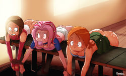 3girls ass bdsm bent_over bondage bottomless bound breast_press breasts cleavage clothes_gag clothes_lift constricted_pupils cum cum_on_ass cum_on_body digimon digimon_adventure_02 female_focus gag gagged implied_after_sex improvised_gag medium_breasts mouth_stuffed multiple_girls no_panties orange_hair panties panty_gag pink_hair restrained samasan skirt skirt_lift table tachikawa_mimi takenouchi_sora toei_animation underwear wide-eyed wide_eyes yagami_hikari