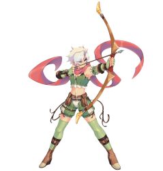 1girl absurdres arrow_(projectile) belt belt_pouch boots bow_(weapon) bra_strap breasts brown_belt brown_boots cleavage closed_mouth commentary drawing_bow elbow_gloves english_commentary fingerless_gloves full_body gloves green_gloves green_shorts green_thighhighs green_tube_top grey_hair highres holding holding_bow_(weapon) holding_weapon looking_afar medium_breasts midriff navel pouch priceofsilence ragnarok_online ranger_(ragnarok_online) red_scarf scarf short_hair shorts simple_background solo strapless thighhighs transparent_background tube_top v-shaped_eyebrows weapon yellow_eyes