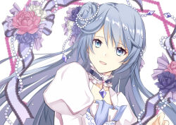 1girl absurdres alice_closet blue_eyes blue_hair commentary_request dress flower gem hair_bun highres iris_(alice_closet) juliet_sleeves long_hair long_sleeves looking_at_viewer open_mouth pearl_hair_ornament pink_flower pink_rose puffy_sleeves purple_flower purple_gemstone purple_rose rose shiikasan single_side_bun smile solo upper_body white_background white_dress white_flower white_rose