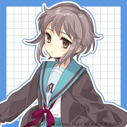 1girl artist_name blue_sailor_collar blue_skirt brown_cardigan brown_eyes cardigan ito_noizi kita_high_school_uniform long_sleeves nagato_yuki open_cardigan open_clothes purple_hair red_ribbon ribbon sailor_collar school_uniform second-party_source serafuku short_hair skirt solo suzumiya_haruhi_no_yuuutsu watermark winter_uniform