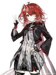 Rule 34 | 1girl, absurdres, ahoge, arknights, arm up, black gloves, black jacket, chinese commentary, closed mouth, commentary request, cowboy shot, crop top, cropped jacket, earrings, exusiai (arknights), exusiai the new covenant (arknights), eyes visible through hair, fingerless gloves, gloves, grey shirt, hair over one eye, hand on own hip, highres, jacket, jewelry, light smile, long sleeves, looking at viewer, medium hair, qielmy, red hair, shirt, simple background, sketch, solo, standing, w, watermark, weibo watermark, white background, yellow eyes