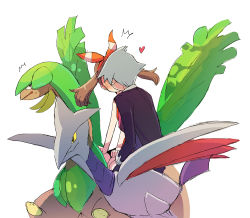 1boy 1girl bad_id bad_pixiv_id black_jacket black_shorts blush bow brown_hair floating_hair gen_2_pokemon gen_3_pokemon hair_bow hairband heart hetero jacket kiss long_hair long_sleeves may_(pokemon) nintendo pokemon pokemon_(creature) pokemon_oras popcorn_91 red_hairband riding riding_pokemon short_shorts shorts silver_hair simple_background skarmory sketch steven_stone striped_bow tropius white_background