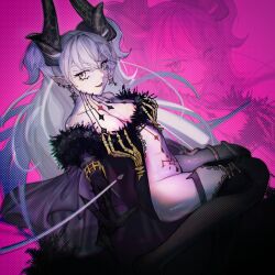 1girl bare_shoulders black_cloak black_hands body_markings breasts cloak collarbone colored_extremities curvy demon_girl demon_horns earrings eienuta fate/grand_order fate_(series) full_body fur-trimmed_robe fur_trim great_mother_temptation hair_around_horn highres horns jewelry lace-trimmed_robe lilith_(fate) lilith_(third_ascension)_(fate) long_hair looking_at_viewer no_bra open_clothes pink_background pink_tattoo pointy_ears pubic_tattoo robe sitting skeletal_bracelet smile solo stomach_tattoo tattoo thighs twintails very_long_robe white_hair yellow_eyes