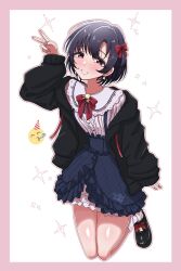 1girl black_hair blush frilled_skirt frills full_body highres idolmaster idolmaster_cinderella_girls jacket jirai_kei looking_at_viewer open_clothes open_jacket pink_eyes shiragiku_hotaru short_hair skirt smile solo sparkle suspender_skirt suspenders thewatchertmk v