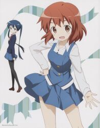 2girls :d artist_name black_pantyhose blue_eyes blue_hair blue_skirt blue_sweater blue_vest brown_eyes brown_hair brown_shoes buttons collared_shirt double-breasted fang hand_on_own_hip highres inokuma_youko kin-iro_mosaic komichi_aya loafers long_hair long_sleeves looking_at_viewer miniskirt moegi_high_school_uniform multiple_girls non-web_source official_art open_mouth pantyhose pleated_skirt scan school_uniform shirt shoes short_hair skirt smile standing sweater twintails ueda_kazuyuki vest white_shirt winter_uniform