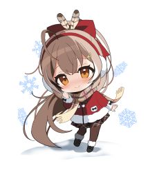 Rule 34 | 1girl, ahoge, black pantyhose, black ribbon, brown eyes, brown hair, chibi, christmas, earmuffs, feather hair ornament, feathers, fur trim, hair ornament, hair ribbon, hairclip, hololive, hololive english, jacket, kurot, long hair, looking at viewer, multicolored hair, nanashi mumei, official alternate costume, pantyhose, plaid clothes, plaid scarf, plaid skirt, pleated skirt, ponytail, red jacket, red ribbon, ribbon, scarf, skirt, smile, snowflakes, solo, streaked hair, very long hair, virtual youtuber