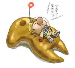 Rule 34 | 1boy, big nose, brown hair, buttons, closed eyes, commentary request, full body, gloves, happy, helmet, male focus, naru (wish field), nintendo, olimar, open mouth, patch, pikmin (series), pikmin 3, plasm wraith, radio antenna, red gloves, shadow, short hair, simple background, slime (creature), smile, space helmet, spacesuit, teeth, translation request, upper teeth only, very short hair, whistle, white background