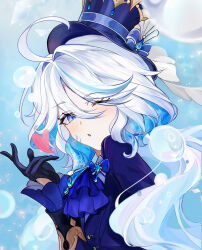 1girl absurdres ascot blowing_kiss blue_ascot blue_brooch blue_eyes blue_hat blue_jacket furina_(genshin_impact) genshin_impact gloves hat heart highres jacket multicolored_hair okashieeeeeee one_eye_closed open_mouth solo streaked_hair top_hat upper_body
