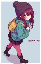 1girl backpack bag beanie black_boots black_skirt blue_hoodie boots border brown_eyes brown_hat closed_mouth commentary_request copyright_name dated drawstring full_body green_nails grey_background hair_over_one_eye hands_up hat highres hood hood_down hoodie jagi_(jagi_souken) long_hair long_sleeves looking_at_viewer nail_polish pantyhose pleated_skirt puffy_long_sleeves puffy_sleeves purple_hair red_pantyhose shadow simple_background skirt smile solo toki_ayano white_border yurucamp