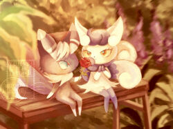 1boy 1girl animal_ears animal_nose arm_at_side artist_name blue_eyes blue_fur blue_hair blue_sclera blurry blurry_background blurry_foreground blush body_fur cat_boy cat_ears cat_girl colored_sclera eye_contact flat_chest flower full_body furry furry_female furry_male furry_with_furry gen_6_pokemon hand_up hands_up hetero highres holding holding_flower knees_together_feet_apart light_blush looking_at_another meowstic meowstic_(female) meowstic_(male) multiple_tails neck_fur nintendo no_feet on_bench orange_eyes outdoors own_hands_together parted_lips pokemon pokemon_(creature) red_flower red_rose rose short_hair sitting sunset swept_bangs tail two-tone_fur two_tails watermark white_fur white_hair yellow_sclera yuhata_(yuh4t4)