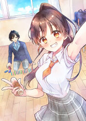 1boy 1girl arm_up bag black_hair blue_jacket blue_necktie blue_sky blush breasts brown_eyes brown_hair cloud collared_shirt commentary_request curtains day dress_shirt food green_eyes grey_pants grey_skirt grin highres holding holding_food indoors jacket kiritanpo_(food) kuune_rin medium_breasts necktie on_floor original pants plaid_clothes plaid_pants pleated_skirt ponytail reaching reaching_towards_viewer school_bag school_uniform shirt short_sleeves skirt sky sleeves_rolled_up smile white_shirt window wooden_floor