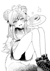 1girl :d ahoge animal_ear_fluff animal_ears apron blush boots butter collared_shirt double_bun fang fangs flower food greyscale hair_bun hair_flower hair_ornament highres holding holding_plate knees_up kuroinu_youhei long_hair looking_at_viewer manuka_(vrchat) monochrome multicolored_hair necktie open_mouth pancake pancake_stack plate raccoon_girl raccoon_tail shirt shoes short_shorts short_sleeves shorts simple_background sitting skin_fangs smile solo tail vrchat white_background