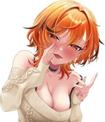 1girl alternate_breast_size black_choker black_hair blush breasts cable_knit choker cleavage hair_intakes hand_up heart heart-shaped_pupils highres kazami_kuku large_breasts long_sleeves looking_at_viewer medium_hair multicolored_hair nanashi_inc. off-shoulder_sweater off_shoulder open_mouth orange_hair red_hair reona_kfc02 simple_background smile solo strap_slip streaked_hair suggestive_fluid sweater symbol-shaped_pupils transparent_background upper_body white_sweater wolf_cut