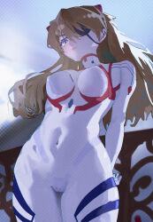 Rule 34 | 1girl, arms behind back, artist request, blue eyes, blush, bodysuit, breasts, brown hair, cameltoe, covered navel, curvy, evangelion: 3.0+1.0 thrice upon a time, expressionless, eyepatch, floating hair, from below, long hair, looking down, medium breasts, neon genesis evangelion, open mouth, parted lips, rebuild of evangelion, solo, souryuu asuka langley, thighs, tsundere, white bodysuit, wide hips