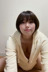 1girl asian bra breasts closed_mouth downblouse extended_downblouse hitorichan2525 indoors leaning_forward looking_at_viewer medium_breasts navel real_life short_hair sitting smile solo underwear unzipped
