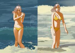 1girl absurdres antenna_hair arm_up beach bikini blue_sky border breasts cleavage closed_mouth day evening green_eyes grey_hair highres kantai_collection kinugasa_(kancolle) medium_breasts medium_hair multiple_views navel ocean ojipon outdoors sky standing swimsuit wading water yellow_bikini