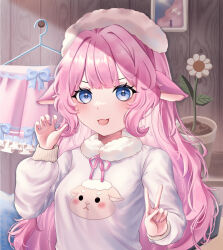 1girl :d absurdres animal_ears blue_bow blue_eyes blush bow breasts claw_pose clothes_hanger commentary_request detached_collar fang flower flower_pot frilled_skirt frills hands_up highres indoors long_hair long_sleeves looking_at_viewer messy_hair open_mouth original painting_(object) pink_hair pink_nails pink_ribbon pink_skirt plant potted_plant ribbon sheep_ears sheep_girl sheep_print shirt sidelocks skin_fang skirt unworn_skirt sleeves_past_wrists small_breasts smile solo sweater tareme upper_body v v-shaped_eyebrows white_flower white_shirt wood wooden_wall yang_yang030