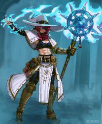 1girl abs armor blue_eyes book breasts capelet casting_spell chain charm_(object) cleavage cleavage_cutout clothing_cutout commentary english_commentary eyepatch ezzydraws fantasy gauntlets glowing glowing_weapon hat heart highres holding holding_wand holding_weapon looking_at_viewer mace magic midriff navel original prosthesis prosthetic_arm red_hair ribbon scroll shorts single_gauntlet skirt solo toned vambraces wand weapon white_capelet witch witch_hat