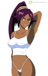 1girl arm_behind_head artist_name bare_shoulders bleach breasts collarbone dark-skinned_female dark_skin female_focus hair_ornament large_breasts long_hair mentaloso parted_bangs ponytail purple_hair shihouin_yoruichi simple_background tank_top white_background yellow_eyes