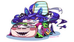 Rule 34 | :d, @ @, ahoge, animal ears, aqua hair, aqua streaks, artist name, black ribbon, blue eyes, blue hair, blue tail, blush stickers, car, cars (movie), commentary, crossed bangs, crossover, drop shadow, english commentary, fusion, hair ribbon, heterochromia, highres, horse ears, horse tail, long hair, looking at viewer, motor vehicle, multicolored hair, multicolored ribbon, objectification, open mouth, purple eyes, ribbon, scalizo, sharp teeth, sidelocks, simple background, smile, solo, spoiler (automobile), streaked hair, striped ribbon, stuffed animal, stuffed rabbit, stuffed toy, tail, teeth, twin turbo (umamusume), twitter username, two-tone hair, two-tone ribbon, umamusume, vehicalization, vehicle focus, wheel, white background, white ribbon, wingo (cars)