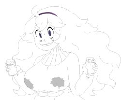 1girl breasts dream-cassette dress female_focus hex_maniac_(pokemon) lactation milk monochrome nintendo npc_trainer pokemon pokemon_xy purple_eyes solo spot_color tagme white_background