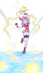 1girl :d arm_up bandana bike_shorts_under_skirt brown_hair closed_eyes collared_shirt commentary gen_3_pokemon gloves happy highres jirachi knees_together_feet_apart leg_up legendary_pokemon may_(pokemon) medium_hair miu_(miuuu_721) mythical_pokemon nintendo open_mouth pokemon pokemon_(creature) pokemon_rse red_bandana red_shirt shirt shoes short_sleeves skirt smile socks standing standing_on_one_leg symbol-only_commentary
