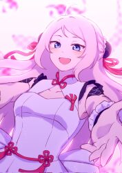 Rule 34 | 1girl, :d, ahoge, blue eyes, blurry, blurry background, blush, breasts, bun cover, chinese commentary, cleavage cutout, clothing cutout, commentary request, corrupted twitter file, double bun, dress, frilled dress, frilled wrist cuffs, frills, gorilla-chan (axpdxsyc0222), hair bun, highres, light particles, long hair, love live!, love live! nijigasaki high school idol club, love live! nijigasaki high school idol club the movie - finale, medium breasts, official alternate costume, open mouth, outstretched arms, phoenix (love live!), pink hair, sleeveless, sleeveless dress, smile, solo, upper body, white dress, wrist cuffs, zhong lanzhu
