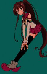 Rule 34 | 1girl, asymmetrical legwear, black socks, black thighhighs, blush, brown eyes, brown hair, closed mouth, detached sleeves, full body, green background, hair between eyes, hands on own knees, highres, kantai collection, kneehighs, long hair, long sleeves, looking at viewer, miniskirt, mismatched legwear, nzeneee, pleated skirt, ponytail, red sailor collar, red skirt, retro artstyle, sailor collar, sailor shirt, shirt, skirt, sleeveless, sleeveless shirt, sleeves past wrists, smile, socks, solo, thighhighs, very long hair, white shirt, white sleeves, yamato (kancolle)