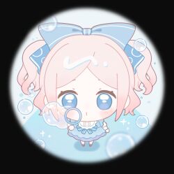 1girl baonu_de_zhanshen_caibutou black_border black_shoes blowing_bubbles blue_background blue_bow blue_dress blue_eyes blue_pantyhose border bow bubble bubble&#039;s_hometown_(infinity_nikki) bubble_wand buttons center_frills chibi chinese_commentary commentary_request dot_nose dress eyelashes frilled_dress frills gloves hair_bow hallway highres holding holding_wand indoors infinity_nikki light_blush light_particles looking_at_viewer mary_janes medium_dress nikki_(series) o3o pantyhose parted_lips pinafore_dress pink_hair puffy_short_sleeves puffy_sleeves round_border shadow shirt shirt_under_dress shoes short_hair short_sleeves short_twintails sleeveless sleeveless_dress solo sparkle standing straight-on striped_bow tareme twintails waist_bow wand white_gloves white_shirt