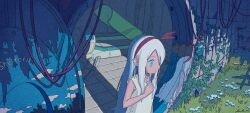 1girl blue_eyes bow_hairband bunker cable cryostasis_pod dress film_grain grass hair_over_one_eye hairband highres jonkumason long_hair original plant post-apocalypse red_hairband science_fiction sleeveless solo tile_floor tiles vault_door vines white_dress white_hair
