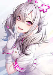 1girl ahoge bandaged_wrist bandages breasts commentary_request cowboy_shot cross cross_hat_ornament dress eyes_visible_through_hair from_side gloves grey_hair hair_ornament hair_over_one_eye hat highres holding holding_syringe latin_cross looking_at_viewer looking_to_the_side low_twintails medium_breasts medium_hair mole mole_under_eye nijisanji nurse nurse_cap parted_lips purple_eyes saijou_yurika short_sleeves smile solo sukoya_kana sukoya_kana_(1st_costume) syringe twintails twitter_username virtual_youtuber white_dress white_gloves white_wrist_cuffs wrist_cuffs x_hair_ornament