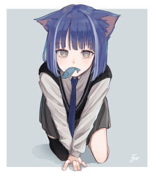 Rule 34 | 1girl, animal ear fluff, animal ears, black sweater vest, black thighhighs, blue necktie, bright pupils, cat ears, cat tail, collared shirt, commentary request, fish, food in mouth, grey eyes, grey skirt, highres, multicolored hair, necktie, original, pleated skirt, purple hair, school uniform, shirt, signature, single thighhigh, skirt, solo, streaked hair, sweater vest, tail, thighhighs, two-tone hair, white hair, white pupils, white shirt, yoruse