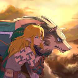 Rule 34 | 2boys, artist name, blonde hair, blue eyes, body marking, clenched teeth, closed mouth, grass, green shirt, hand on another&#039;s head, highres, link, looking to the side, mechanical arms, multiple boys, nintendo, pointy ears, shirt, stup-jam, sunset, teeth, the legend of zelda, the legend of zelda: tears of the kingdom, the legend of zelda: twilight princess, twitter username, wolf, wolf link