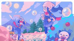 Rule 34 | 1boy, 1girl, akari (pokemon), blue hair, border, bubble, cloud, commentary, english commentary, galaxy expedition team survey corps uniform, gen 5 pokemon, gen 7 pokemon, grass, highres, hisuian growlithe, holding, holding pokemon, long hair, marikyuunn, mountain, nintendo, oshawott, outdoors, pokemon, pokemon (creature), pokemon legends: arceus, red scarf, rei (pokemon), rowlet, scarf, sky, standing, sun, tree, white border