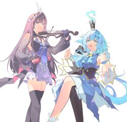 2girls black_thighhighs blue_dress blue_eyes blue_hair breasts cerydra_(honkai:_star_rail) chyucat commentary_request crossed_legs crown dress hair_ornament highres holding holding_instrument holding_violin honkai:_star_rail honkai_(series) hysilens_(honkai:_star_rail) instrument korean_commentary long_hair medium_breasts mini_crown multiple_girls music open_mouth playing_instrument purple_dress simple_background single_thighhigh thighhighs thighs violin white_background zettai_ryouiki