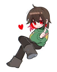 1other ahoge ankle_boots black_pants bob_cut boots brown_hair chara_(undertale) chinese_commentary chromatic_aberration closed_mouth colored_eyelashes colored_inner_hair commentary_request crossed_arms crossed_legs deformed film_grain full_body green_sweater grey_boots hair_between_eyes heart highres index_finger_raised invisible_chair knee_up long_sleeves looking_at_viewer multicolored_hair no_nose no_sclera other_focus outline pants puffy_long_sleeves puffy_sleeves red_eyes red_hair short_hair simple_background sitting smile solo striped_clothes striped_sweater sweater transparent_background turtleneck turtleneck_sweater two-tone_hair two-tone_sweater undertale white_outline xinjinjumin831306571458 yellow_sweater