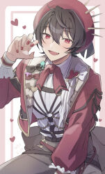 1boy :d absurdres beret black_bow black_hair bow brooch chest_harness ensemble_stars! hair_between_eyes harness hat heart heart_brooch highres jacket jewelry long_sleeves looking_at_viewer male_focus official_alternate_costume open_clothes open_jacket open_mouth paw_pose red_bow red_eyes red_hair red_jacket red_nails reijiro sakuma_ritsu short_hair smile solo spiked_hat